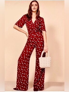 Reformation Alice Red Floral Jumpsuit wide leg SZ 2